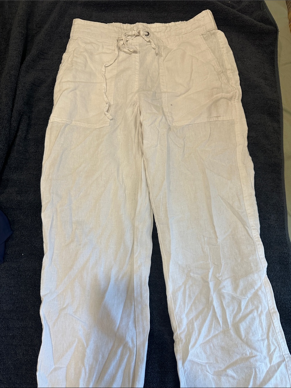 Womens Lightweight Cream Drawstring Linen Pants